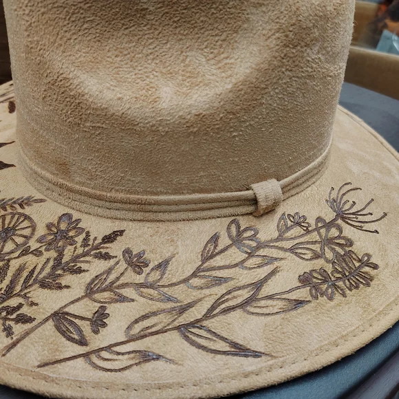 Floral Hand Burned Tan Hat - Picture 2 of 4